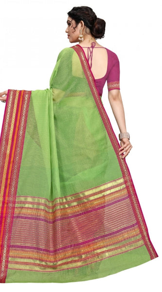Mayawye Women's Kota Doria Cotton Bordered Saree With Blouse (Light Green, 5-6 Mtrs)