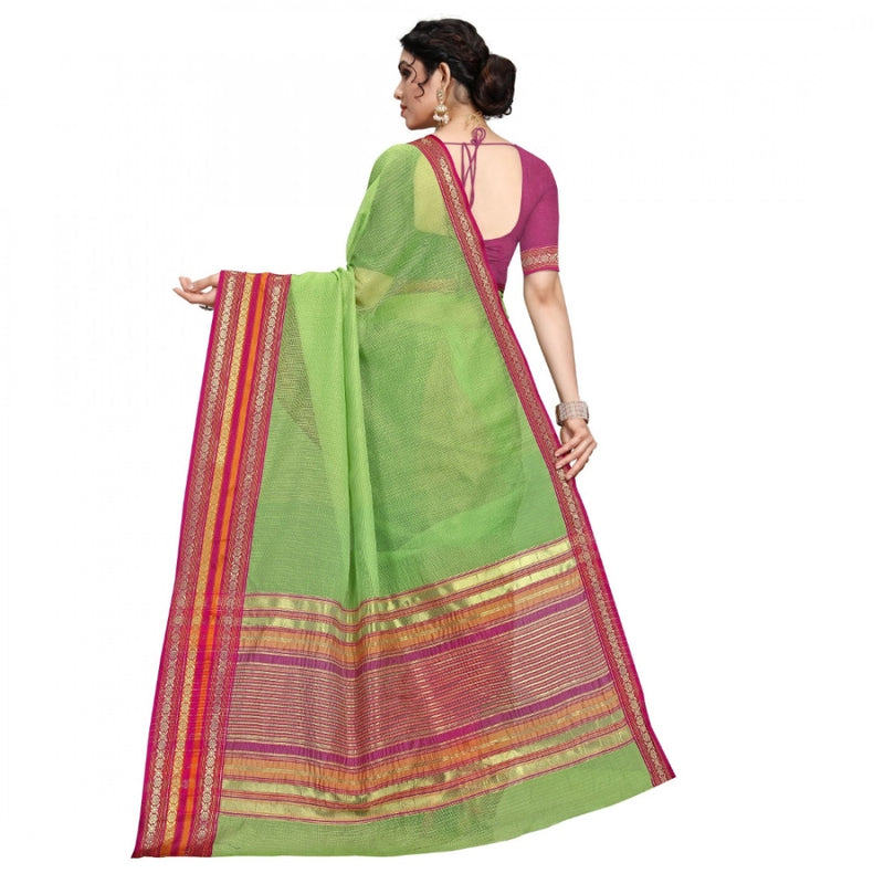 Mayawye Women's Kota Doria Cotton Bordered Saree With Blouse (Light Green, 5-6 Mtrs)