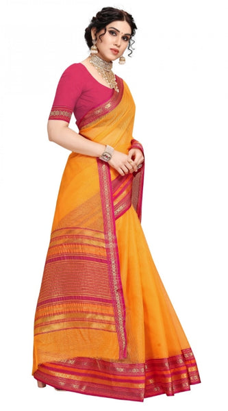 Mayawye Women's Kota Doria Cotton Bordered Saree With Blouse (Gold, 5-6 Mtrs)