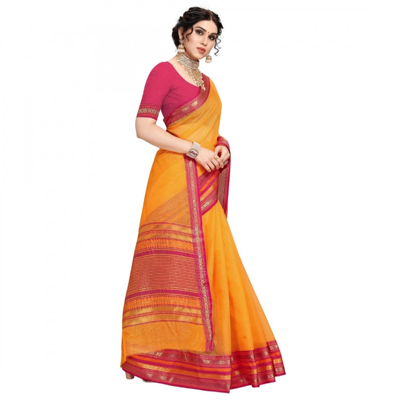 Mayawye Women's Kota Doria Cotton Bordered Saree With Blouse (Gold, 5-6 Mtrs)