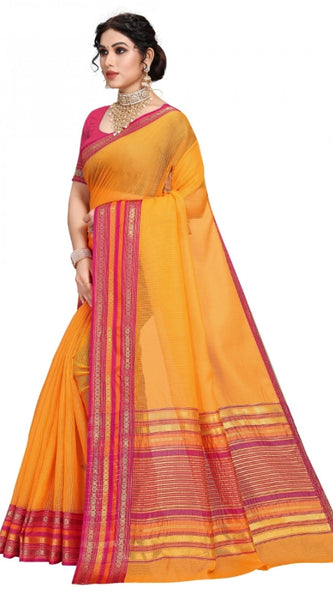 Mayawye Women's Kota Doria Cotton Bordered Saree With Blouse (Gold, 5-6 Mtrs)
