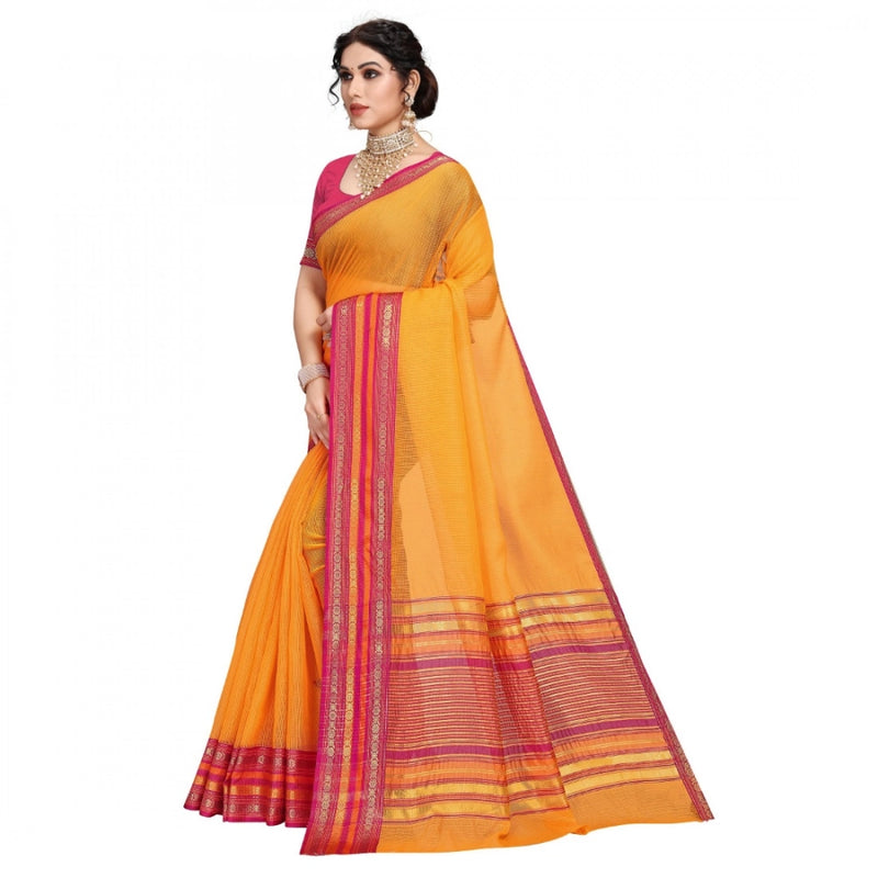 Mayawye Women's Kota Doria Cotton Bordered Saree With Blouse (Gold, 5-6 Mtrs)