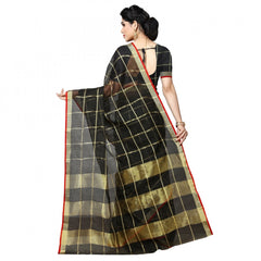 Mayawye Women's Kota Doria Cotton Checked Saree With Blouse (Black, 5-6 Mtrs)