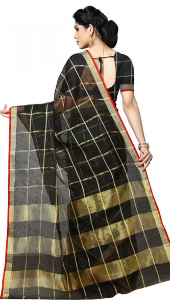 Mayawye Women's Kota Doria Cotton Checked Saree With Blouse (Black, 5-6 Mtrs)