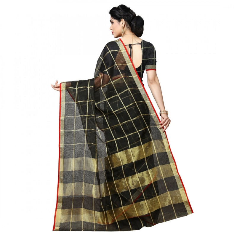 Mayawye Women's Kota Doria Cotton Checked Saree With Blouse (Black, 5-6 Mtrs)