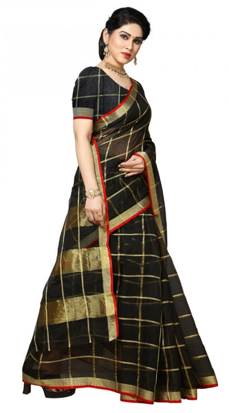 Mayawye Women's Kota Doria Cotton Checked Saree With Blouse (Black, 5-6 Mtrs)