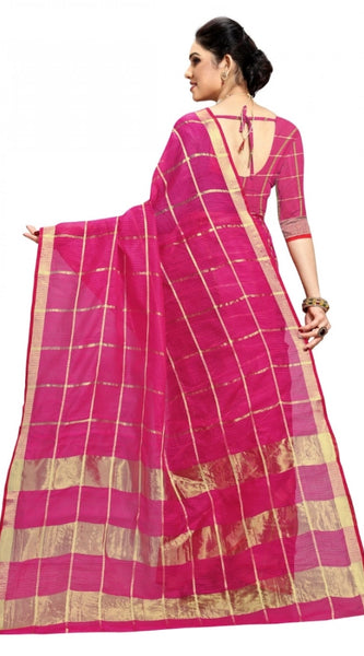 Mayawye Women's Kota Doria Cotton Checked Saree With Blouse (Rani, 5-6 Mtrs)