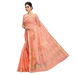 Mayawye Women's Kota Doria Cotton Checked Saree With Blouse (Peach, 5-6 Mtrs)