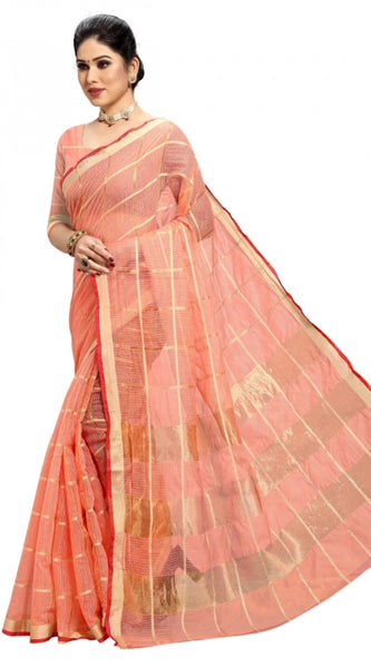 Mayawye Women's Kota Doria Cotton Checked Saree With Blouse (Peach, 5-6 Mtrs)