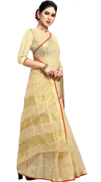 Mayawye Women's Kota Doria Cotton Checked Saree With Blouse (Beige, 5-6 Mtrs)