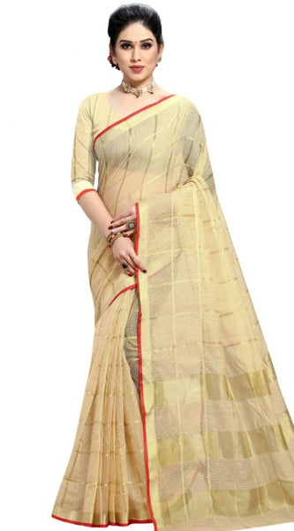Mayawye Women's Kota Doria Cotton Checked Saree With Blouse (Beige, 5-6 Mtrs)