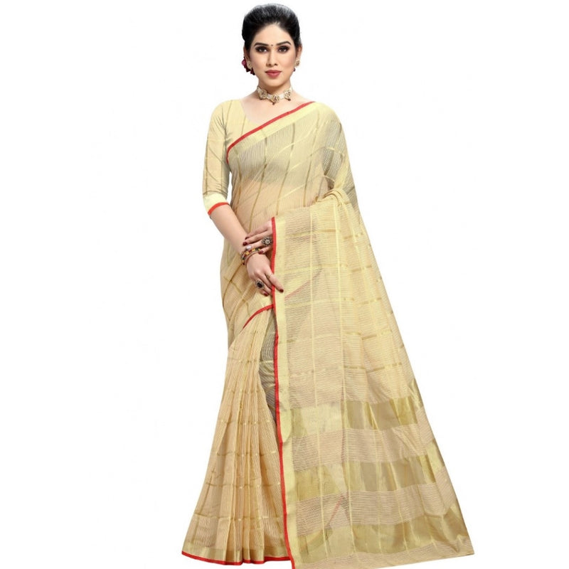 Mayawye Women's Kota Doria Cotton Checked Saree With Blouse (Beige, 5-6 Mtrs)