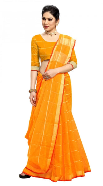 Mayawye Women's Kota Doria Cotton Checked Saree With Blouse (Yellow, 5-6 Mtrs)
