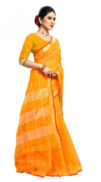 Mayawye Women's Kota Doria Cotton Checked Saree With Blouse (Yellow, 5-6 Mtrs)