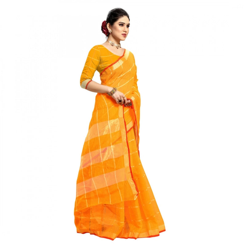 Mayawye Women's Kota Doria Cotton Checked Saree With Blouse (Yellow, 5-6 Mtrs)