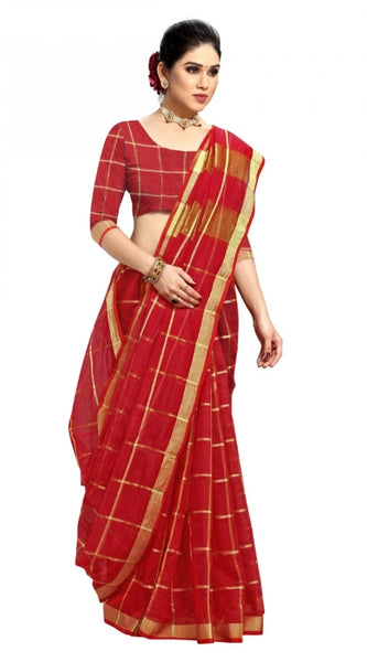 Mayawye Women's Kota Doria Cotton Checked Saree With Blouse (Red, 5-6 Mtrs)
