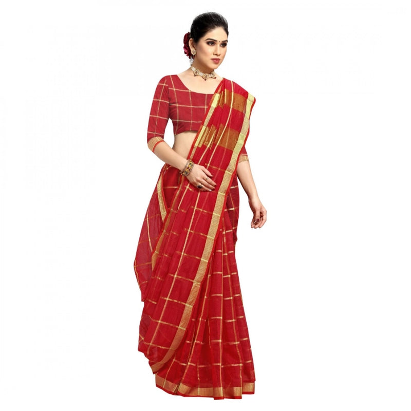 Mayawye Women's Kota Doria Cotton Checked Saree With Blouse (Red, 5-6 Mtrs)