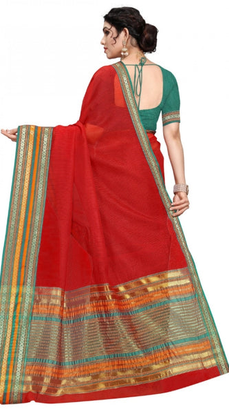 Mayawye Women's Kota Doria Cotton Bordered Saree With Blouse (Red, 5-6 Mtrs)