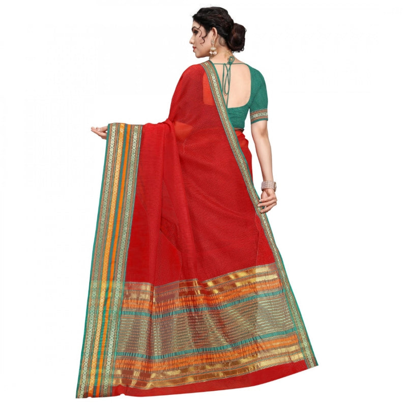 Mayawye Women's Kota Doria Cotton Bordered Saree With Blouse (Red, 5-6 Mtrs)