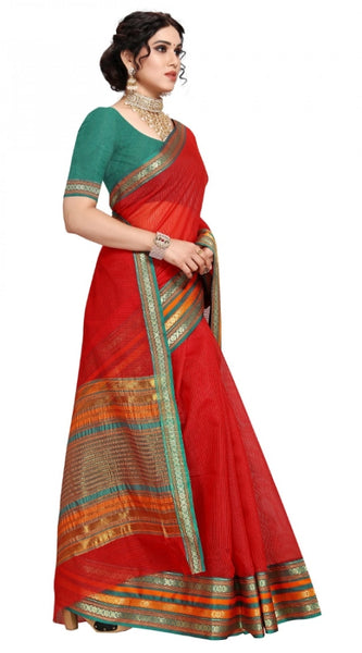 Mayawye Women's Kota Doria Cotton Bordered Saree With Blouse (Red, 5-6 Mtrs)
