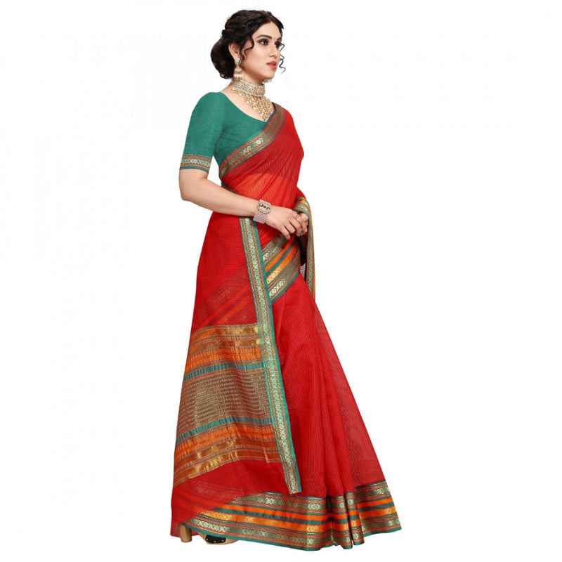 Mayawye Women's Kota Doria Cotton Bordered Saree With Blouse (Red, 5-6 Mtrs)