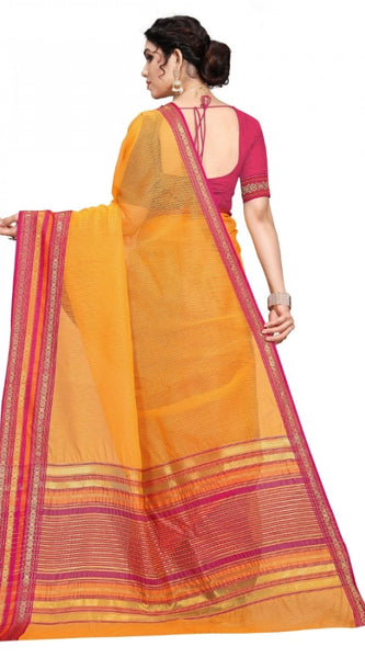 Mayawye Women's Kota Doria Cotton Bordered Saree With Blouse (Gold, 5-6 Mtrs)