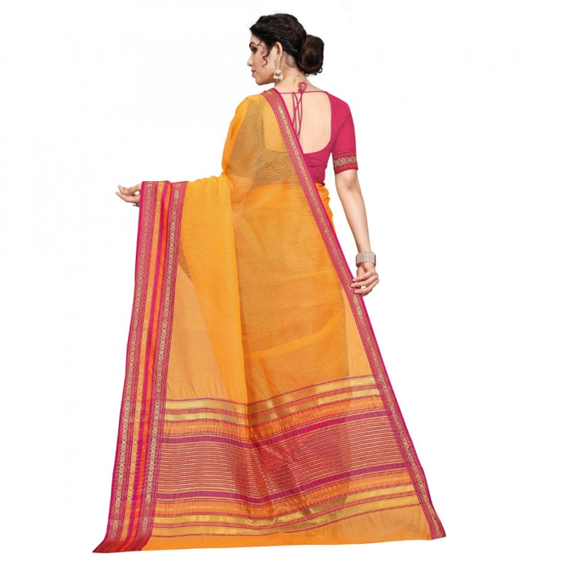 Mayawye Women's Kota Doria Cotton Bordered Saree With Blouse (Gold, 5-6 Mtrs)