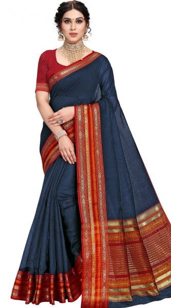 Mayawye Women's Kota Doria Cotton Bordered Saree With Blouse (Navy Blue, 5-6 Mtrs)