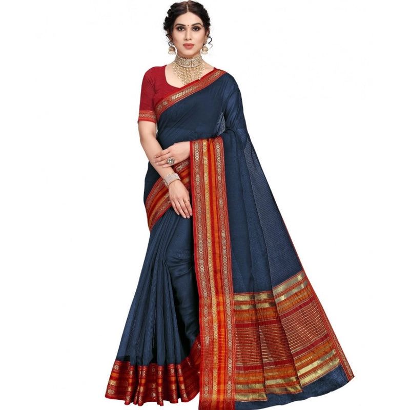 Mayawye Women's Kota Doria Cotton Bordered Saree With Blouse (Navy Blue, 5-6 Mtrs)