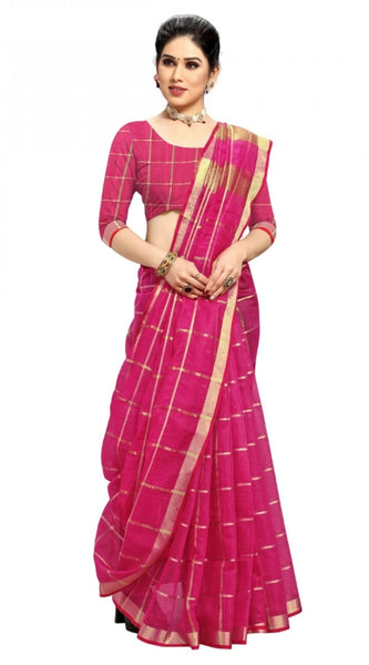 Mayawye Women's Kota Doria Cotton Checked Saree With Blouse (Rani, 5-6 Mtrs)