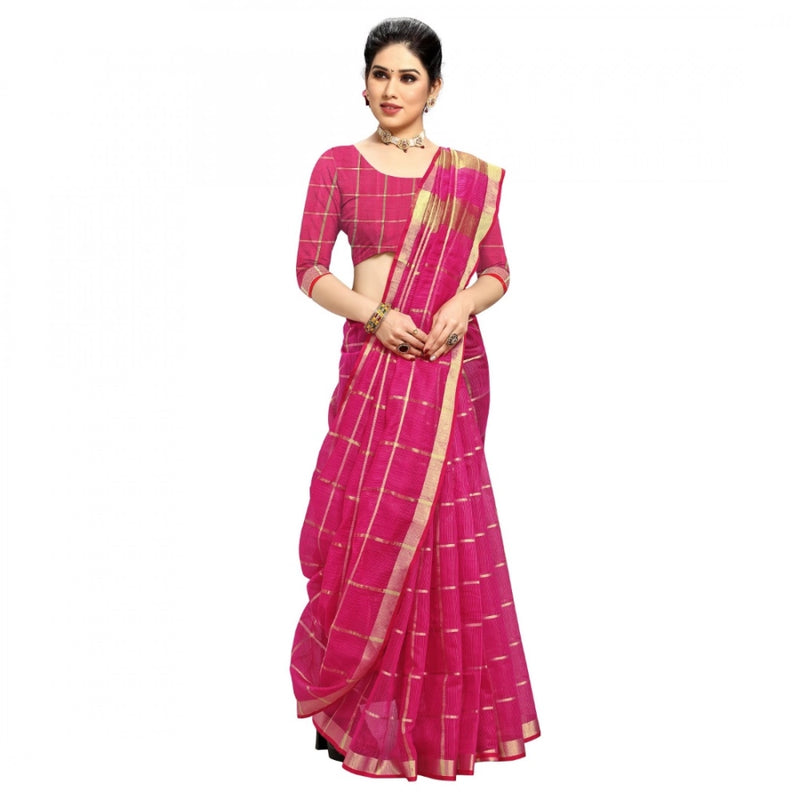 Mayawye Women's Kota Doria Cotton Checked Saree With Blouse (Rani, 5-6 Mtrs)