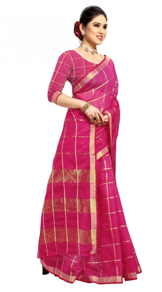 Mayawye Women's Kota Doria Cotton Checked Saree With Blouse (Rani, 5-6 Mtrs)