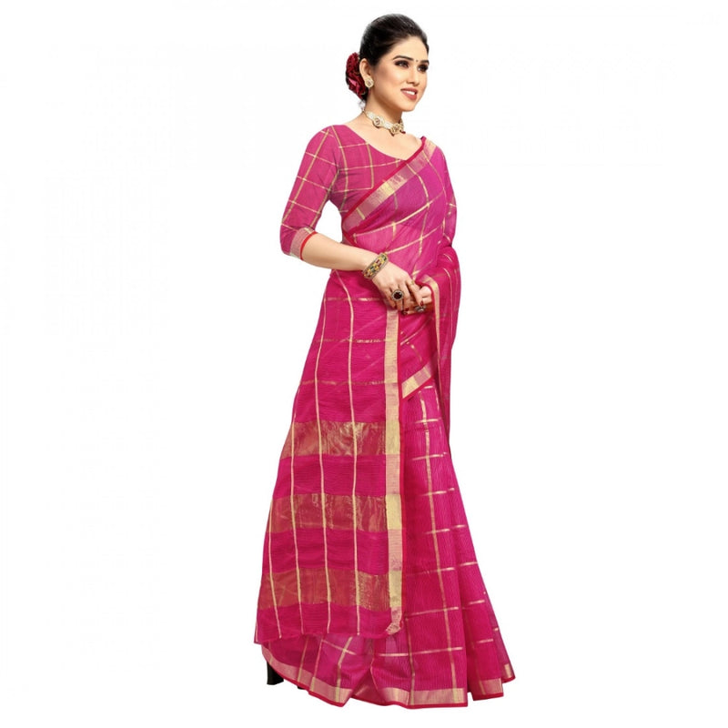 Mayawye Women's Kota Doria Cotton Checked Saree With Blouse (Rani, 5-6 Mtrs)