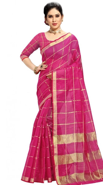 Mayawye Women's Kota Doria Cotton Checked Saree With Blouse (Rani, 5-6 Mtrs)