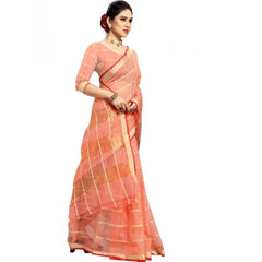 Mayawye Women's Kota Doria Cotton Checked Saree With Blouse (Peach, 5-6 Mtrs)