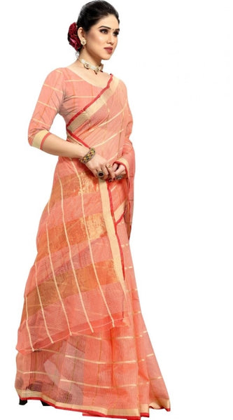 Mayawye Women's Kota Doria Cotton Checked Saree With Blouse (Peach, 5-6 Mtrs)