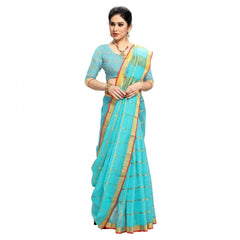 Mayawye Women's Kota Doria Cotton Checked Saree With Blouse (Sky Blue, 5-6 Mtrs)