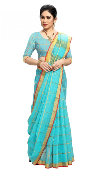Mayawye Women's Kota Doria Cotton Checked Saree With Blouse (Sky Blue, 5-6 Mtrs)