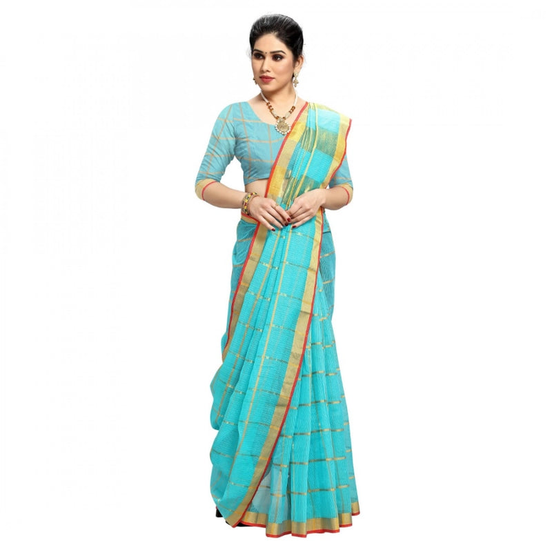 Mayawye Women's Kota Doria Cotton Checked Saree With Blouse (Sky Blue, 5-6 Mtrs)