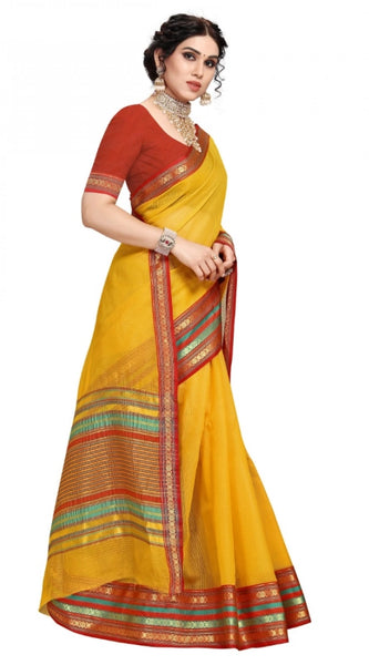 Mayawye Women's Kota Doria Cotton Bordered Saree With Blouse (Yellow, 5-6 Mtrs)