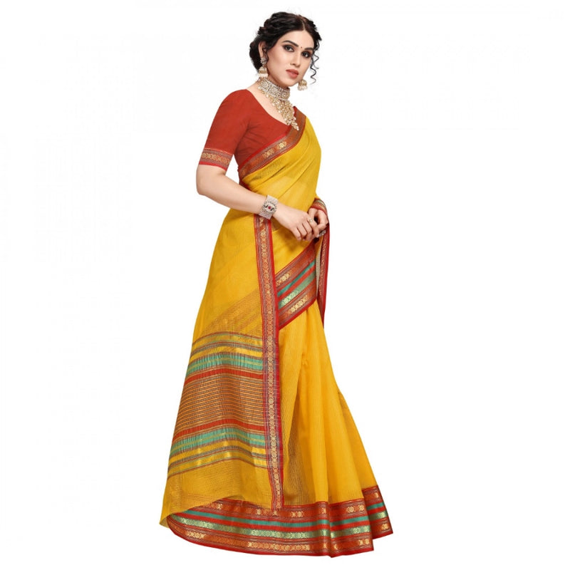 Mayawye Women's Kota Doria Cotton Bordered Saree With Blouse (Yellow, 5-6 Mtrs)