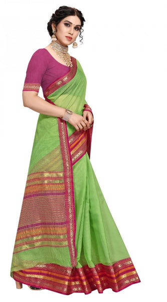 Mayawye Women's Kota Doria Cotton Bordered Saree With Blouse (Light Green, 5-6 Mtrs)