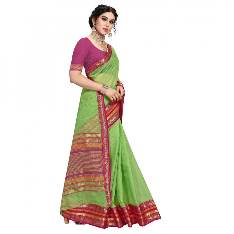 Mayawye Women's Kota Doria Cotton Bordered Saree With Blouse (Light Green, 5-6 Mtrs)