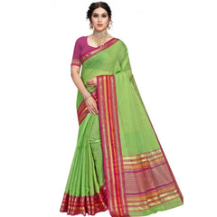 Mayawye Women's Kota Doria Cotton Bordered Saree With Blouse (Light Green, 5-6 Mtrs)