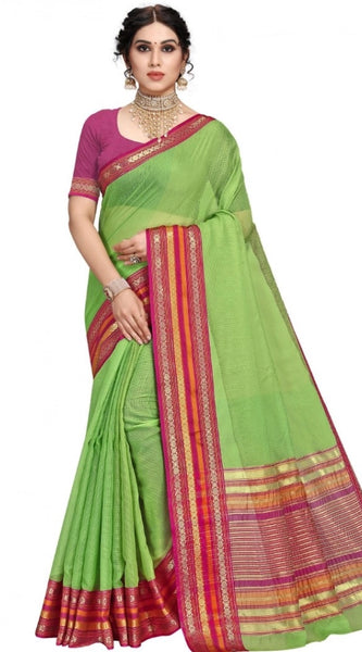 Mayawye Women's Kota Doria Cotton Bordered Saree With Blouse (Light Green, 5-6 Mtrs)