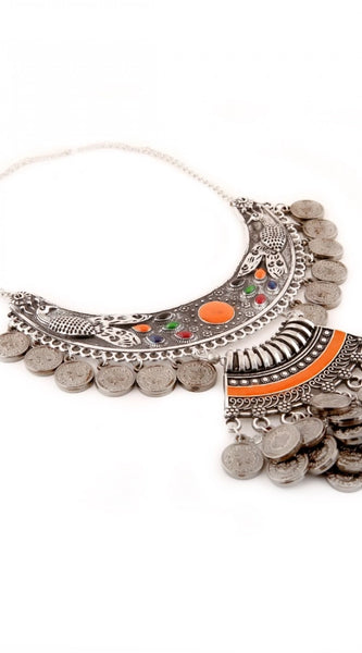 Mayawye Designer Oxidised German Silver Tribal Necklace Pandeant Antique Necklace (Color: Silver)