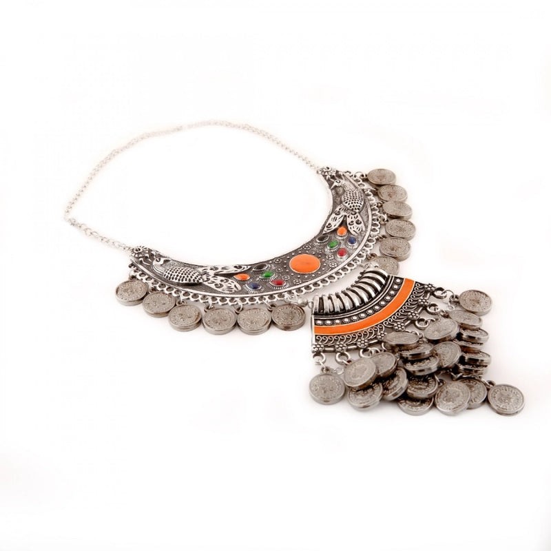 Mayawye Designer Oxidised German Silver Tribal Necklace Pandeant Antique Necklace (Color: Silver)