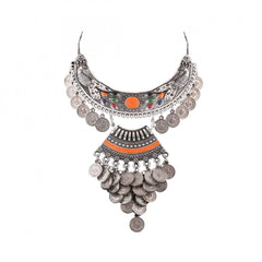 Mayawye Designer Oxidised German Silver Tribal Necklace Pandeant Antique Necklace (Color: Silver)