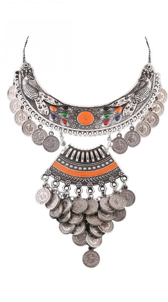 Mayawye Designer Oxidised German Silver Tribal Necklace Pandeant Antique Necklace (Color: Silver)