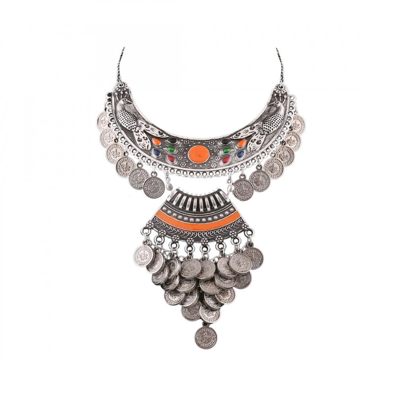 Mayawye Designer Oxidised German Silver Tribal Necklace Pandeant Antique Necklace (Color: Silver)